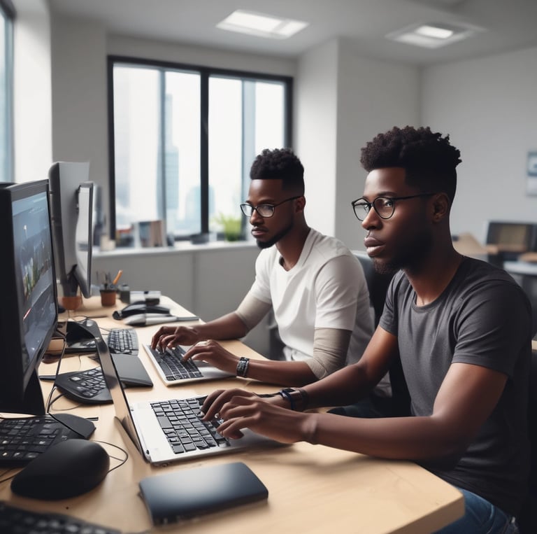 Modern office scene with diverse African professionals collaborating on fintech software development.