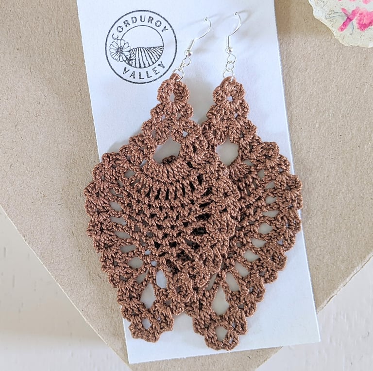 Warm brown crocheted lace teardrop dangle earring handmade of cotton