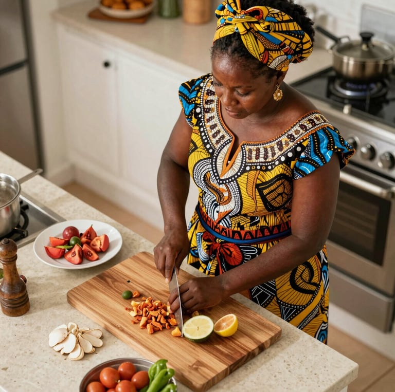 A warm, inviting kitchen scene with fresh ingredients and a chef plating a colorful homemade meal.