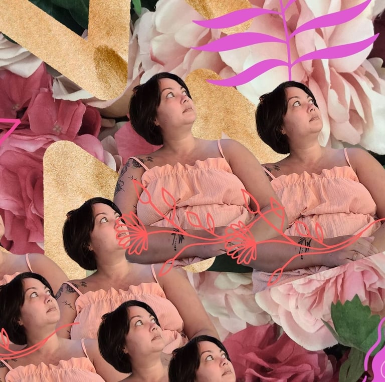 A collage of different shades of pink, a human with dark brown hair looking up to the right corner