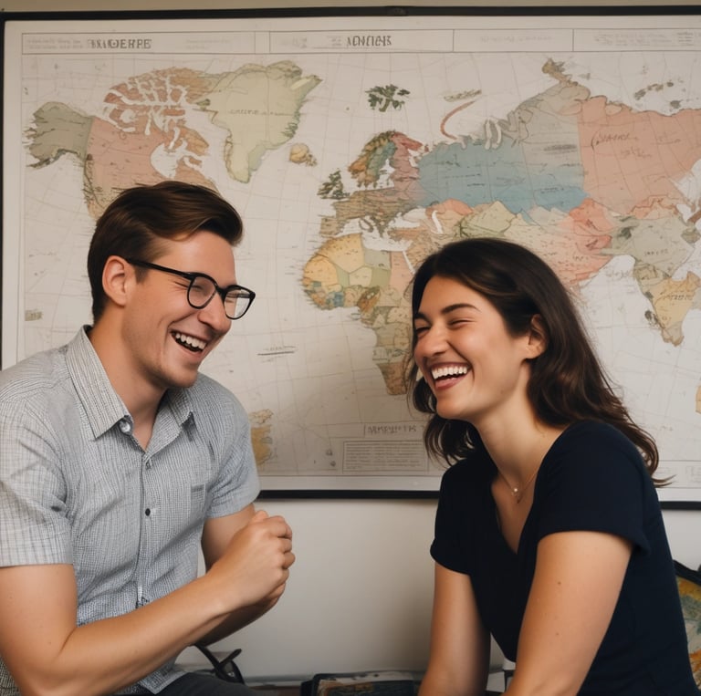 Two brothers teaching Spanish online with a vibrant multicultural backdrop representing 21 Spanish-speaking countries.