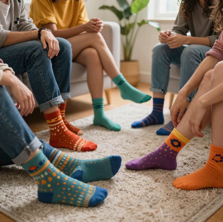A vibrant close-up of colorful patterned stockings draped over a wooden chair in a sunlit room