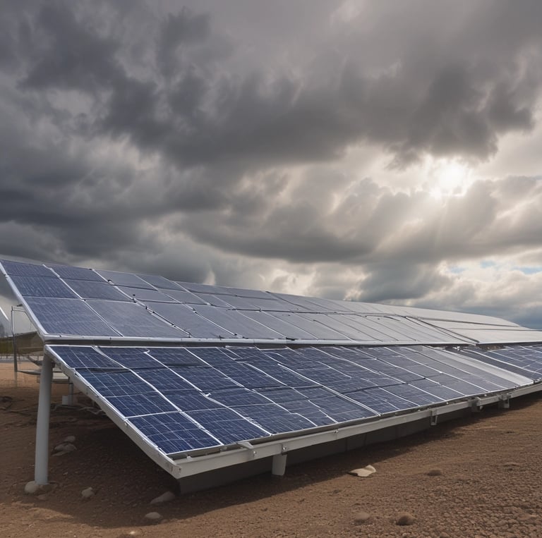A renewable energy facility featuring solar panels on a building and wind turbines under a cloudy sky.