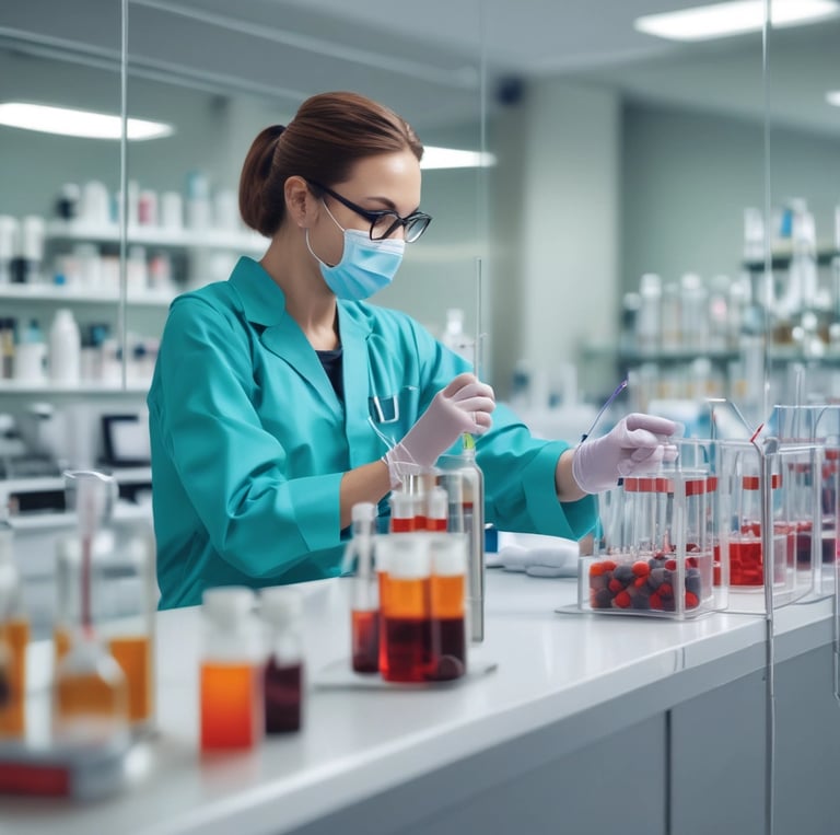 A close-up of peptide vials with a blurred background of medical equipment.