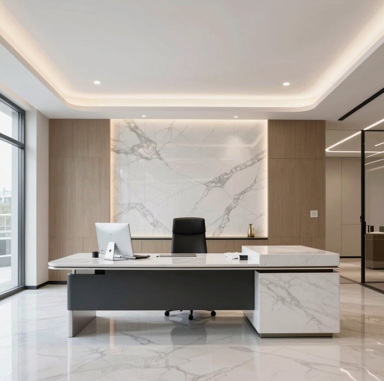Modern law office interior with elegant black and gold decor, symbolizing trust and sophistication.