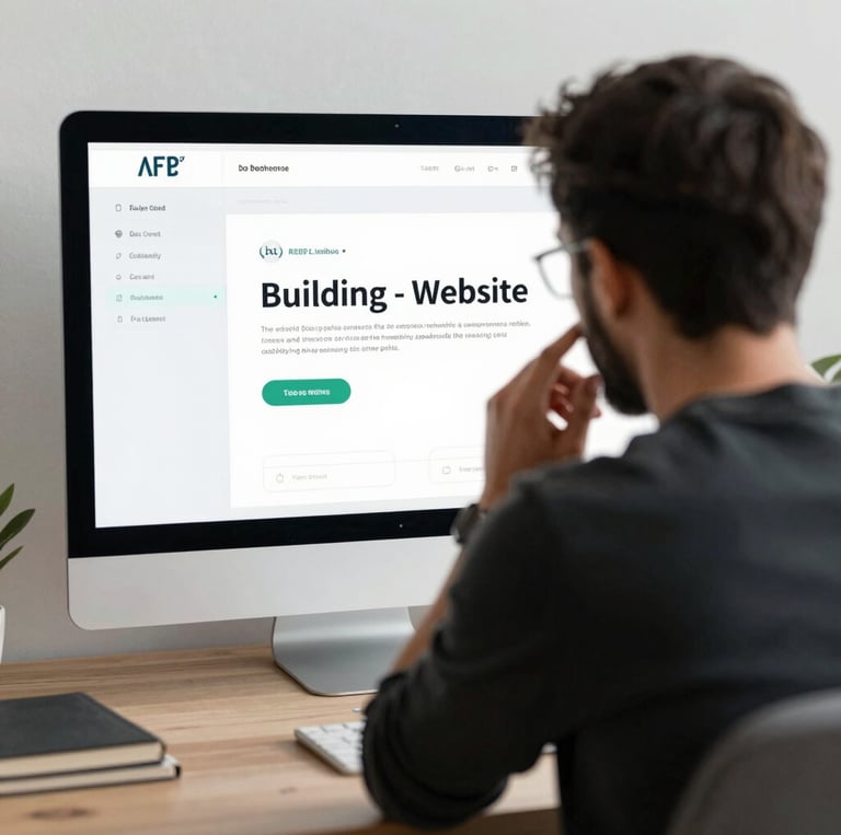 A sleek workspace with a laptop displaying a modern website design in navy blue and gold accents.