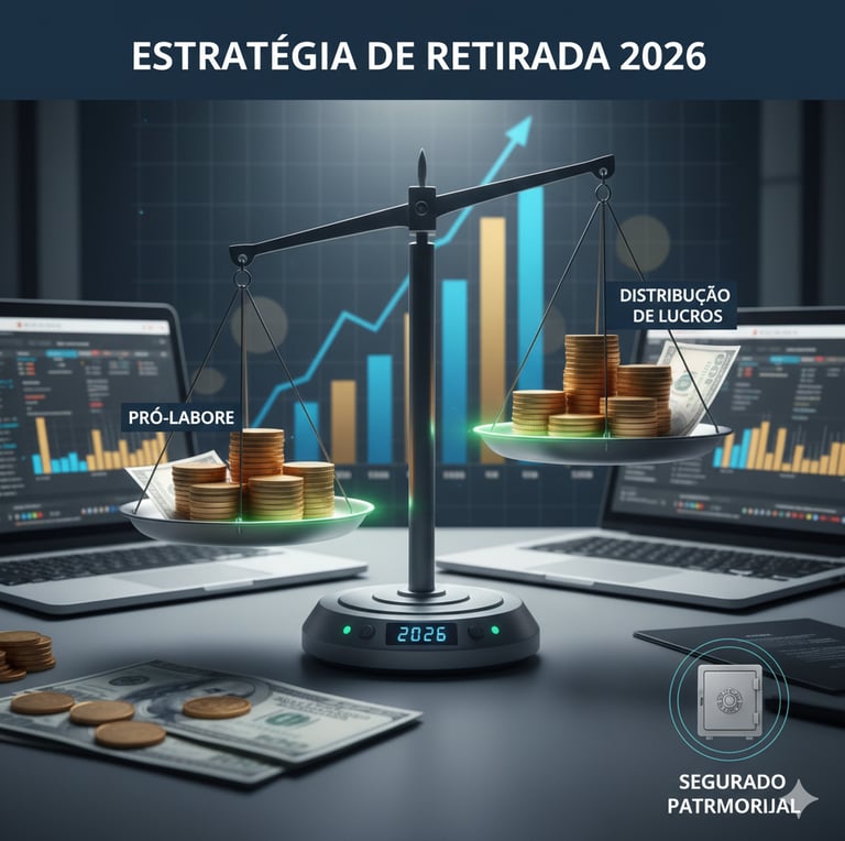Uma balança medindo o peso do pró-labore e da distribuição de lucros.