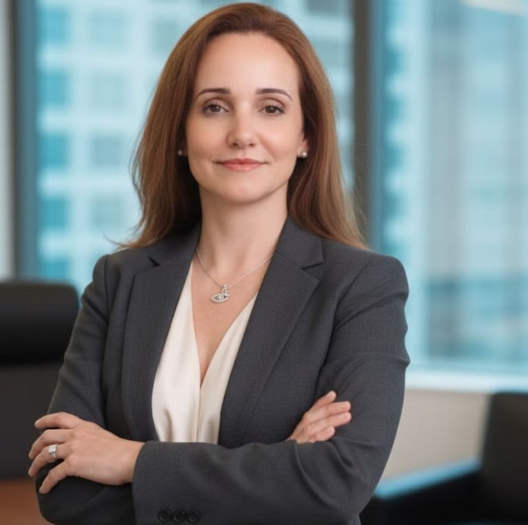 Psicanalista Cíntia Garcia em ambiente de consultório transmitindo autoridade e sigilo.