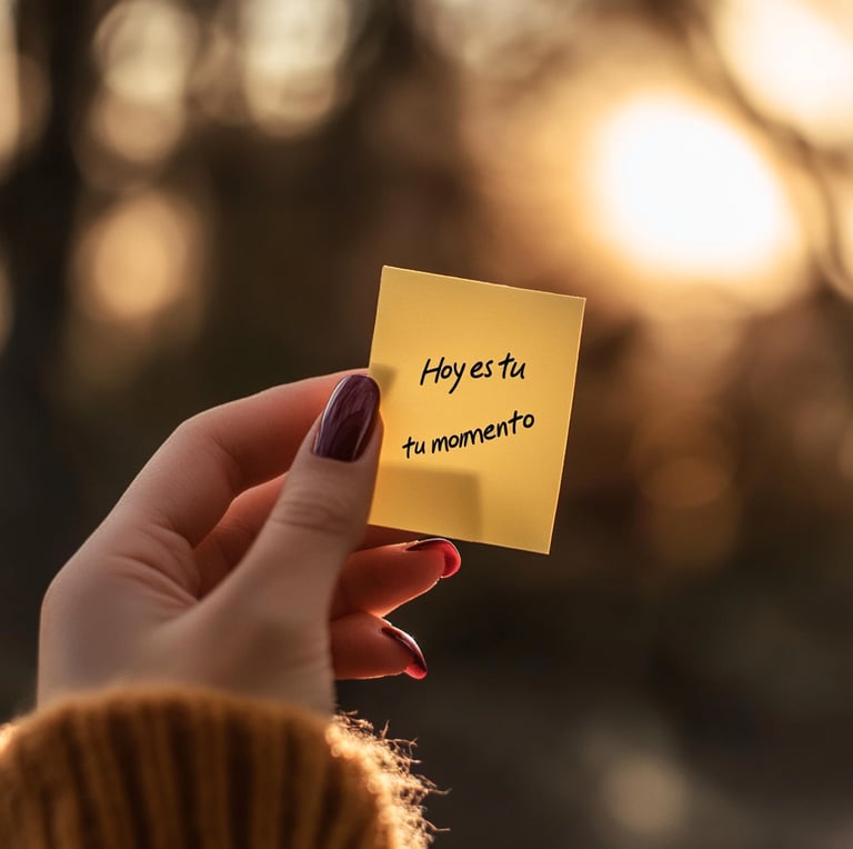 Mano femenina sostiene nota con frase "Hoy es tu momento", representa inspiración y empoderamiento para emprender.