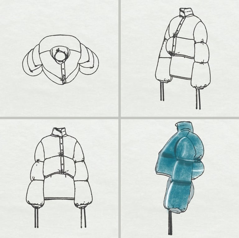 2D design views and render of futuristic puffer jacket by Cavity Studios fashion design team.