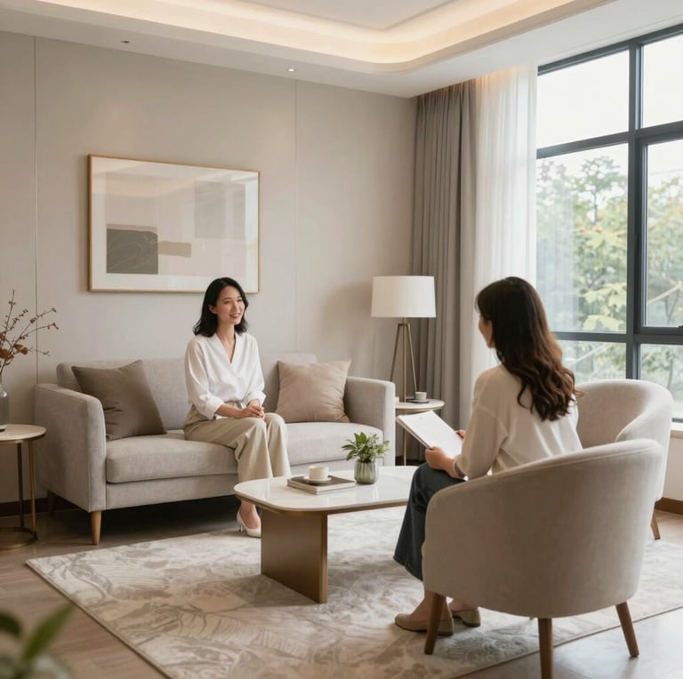 A warm, inviting therapy room with soft lighting and comfortable seating, reflecting a safe and supportive environment.