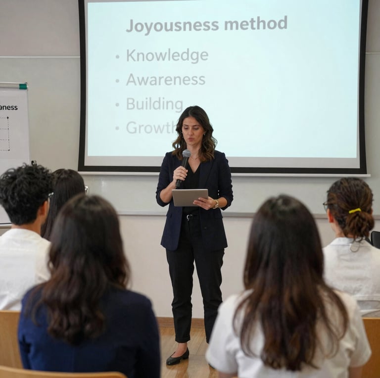 A female doctor in a white coat points to the Joyousness Method presentation on knowledge and awareness.