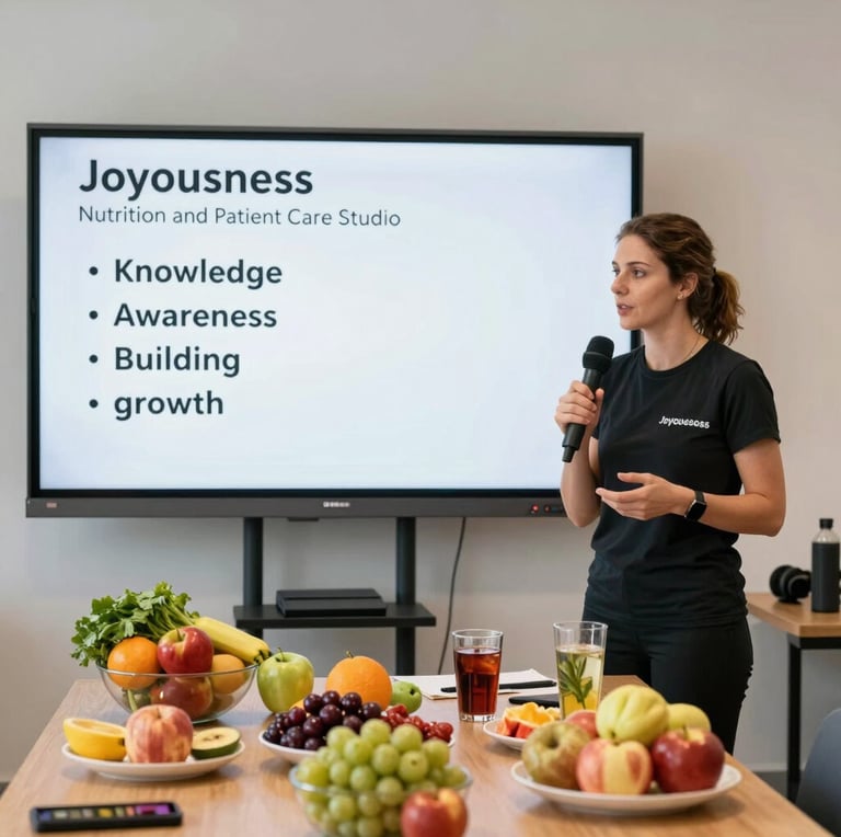 A health professional leads a Joyousness Nutrition seminar with fresh fruit on the table.