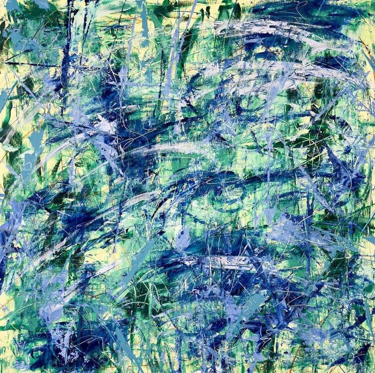 Abstract oil painting with energetic blue, green, and yellow brushstrokes and textured splatters.