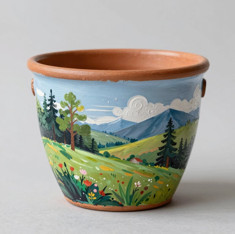 A close-up of a handcrafted ceramic pot with a unique glaze, sitting on a rustic wooden table.