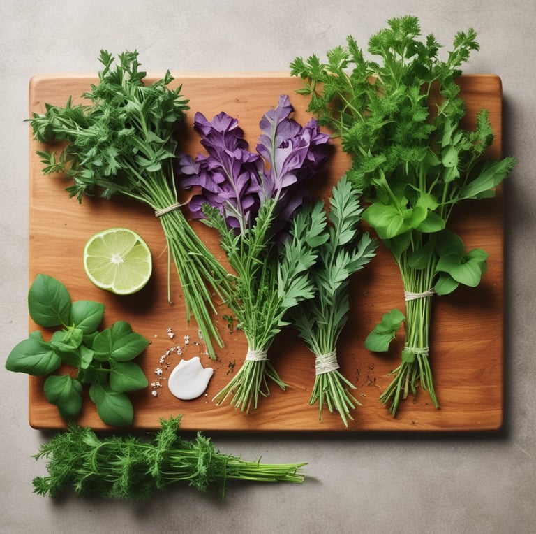 a bunch of fresh herbs on a cutting board