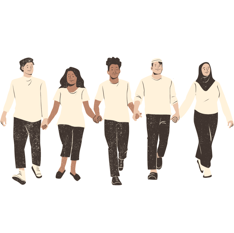 eine Gruppe diverser Menschen, die Hand in Hand zusammen laufen