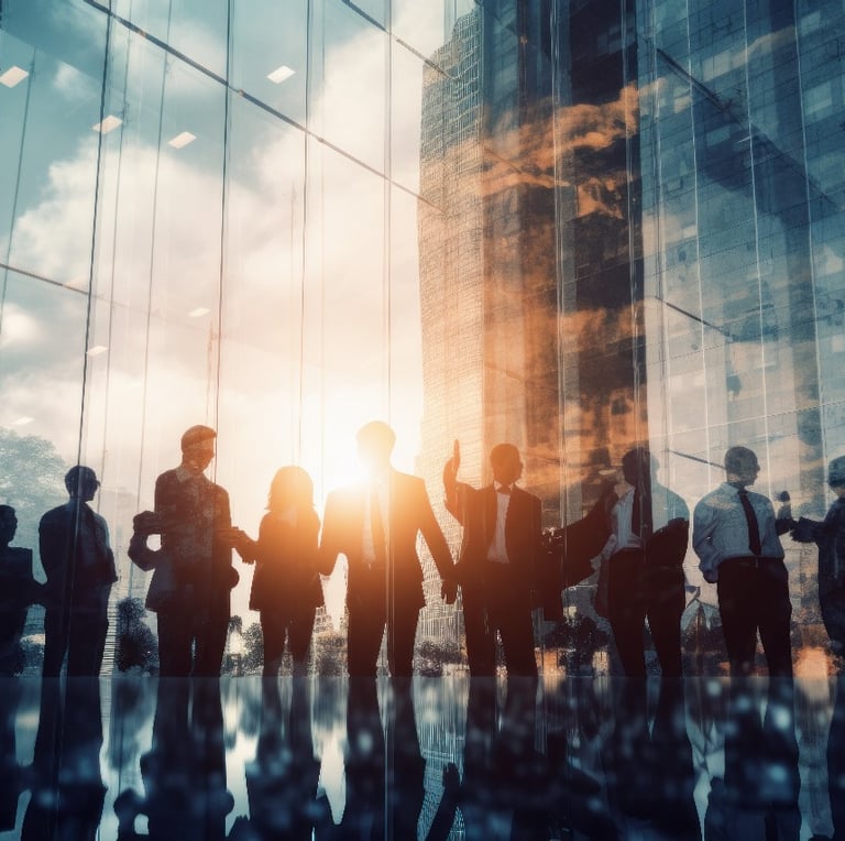 a group of business people standing in front of a building