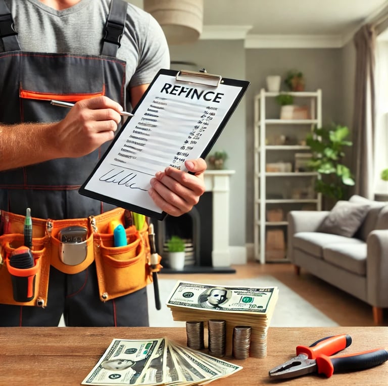 A handyman holding a clipboard with pricing details for a repair, with a stack of money beside it to