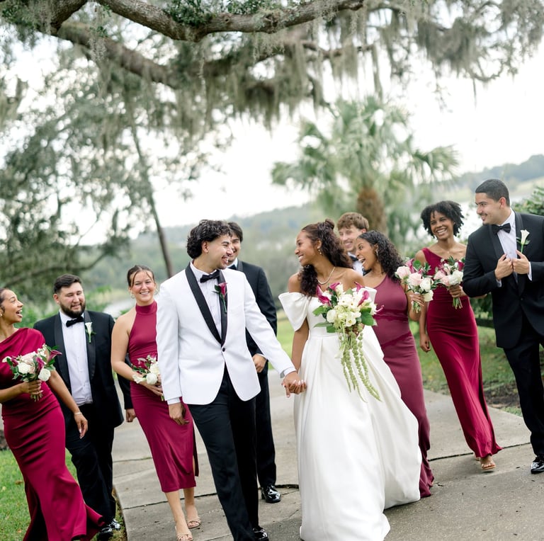 Allegro Events wedding party burgundy bridesmaids at lakeview gardens, umatilla, fl