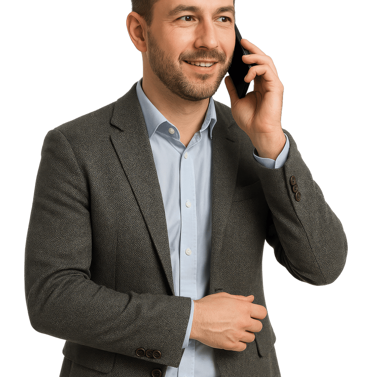 Mężczyzna w marynarce rozmawia przez telefon z firmą oferującą sprzątanie w Gdańsku i Trójmieście, chcąc zamówić usługę