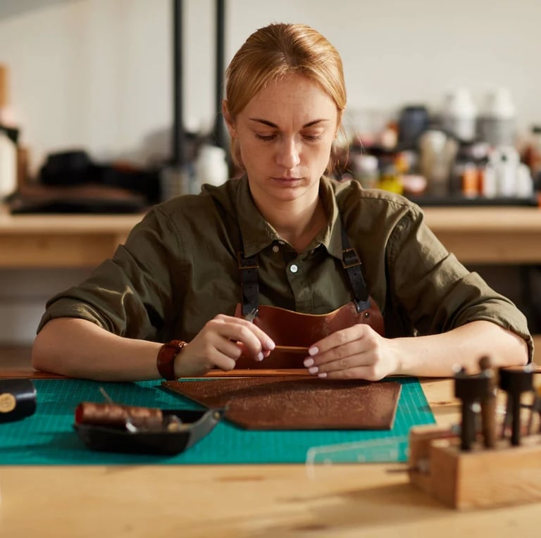 a woman in a green shirt and a brown wallet