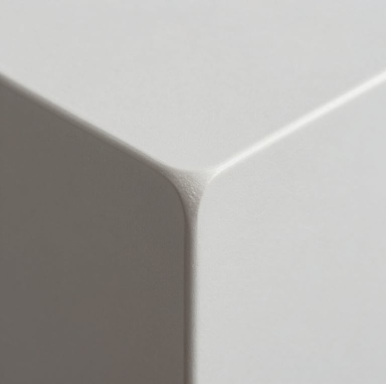 Extreme macro close-up of a perfectly curved solid surface corner joint, showing seamless monolithic flow, soft natural side lighting, pristine white matte texture.