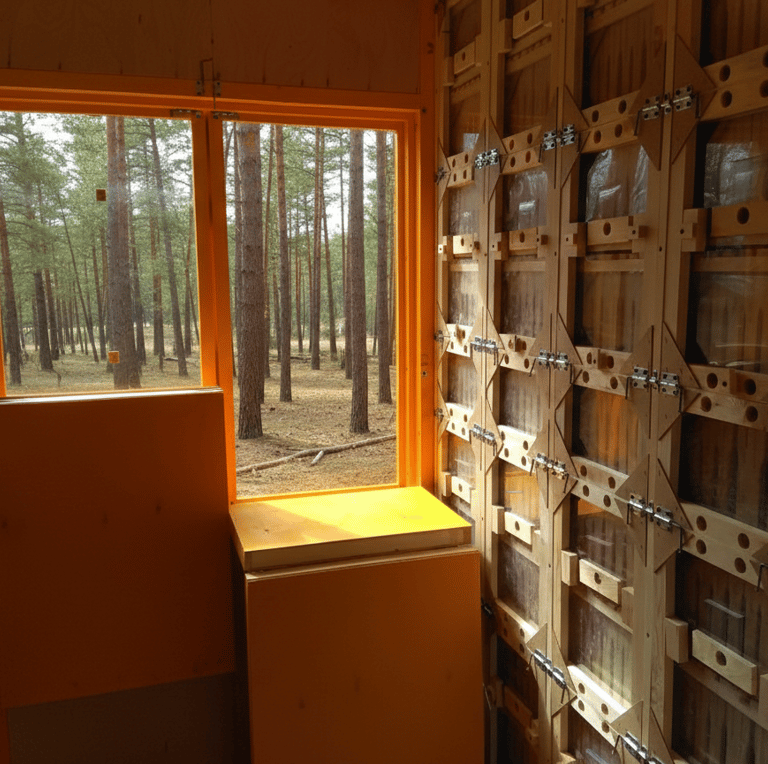 Beekeeper working comfortably inside the BeePolis cassette pavilion