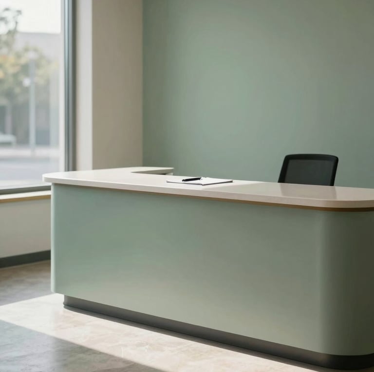 Calm clinic reception desk viewed from across the room, north-facing daylight streaming through a window to the left, uncluttered surface with a notepad and pen, muted sage green wall in background, warm stone-gray flooring