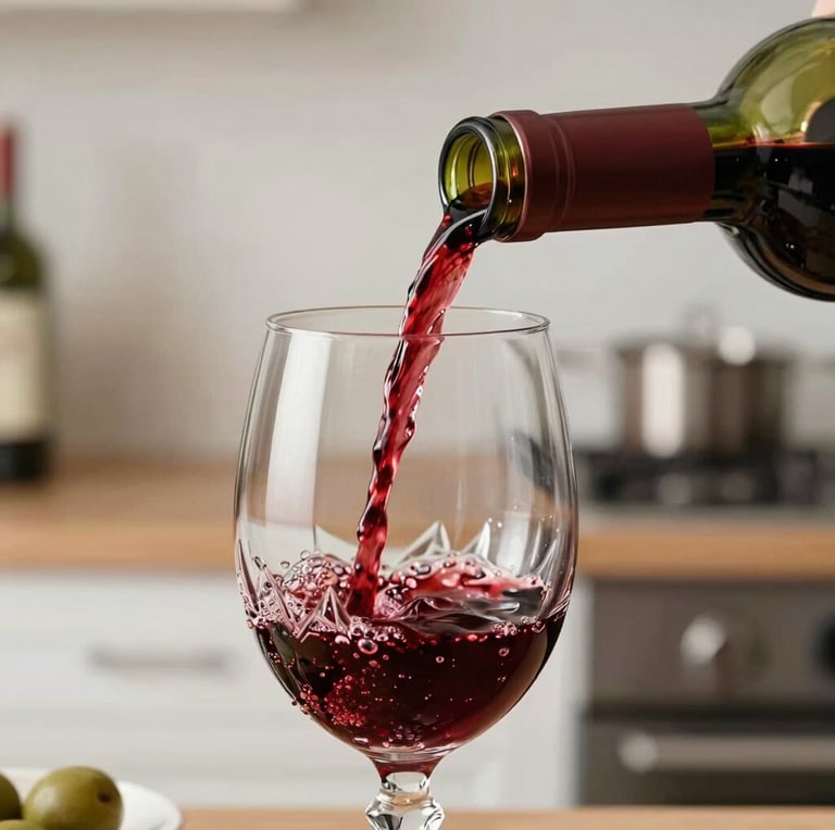 Macro shot of dark red Portuguese wine being poured into a crystal glass, rich burgundy tones, soft natural side-light, professional kitchen background, 35mm