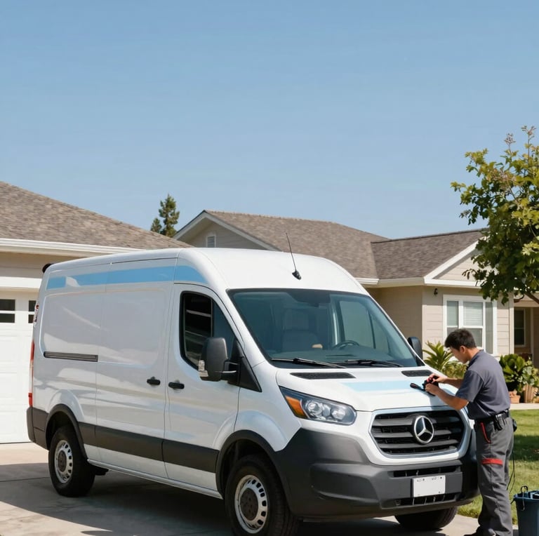 A white service van with subtle sky blue accents parked in a sunny North American suburban driveway, a technician is efficiently preparing tools near the vehicle, wide angle, bright and empowering mood.