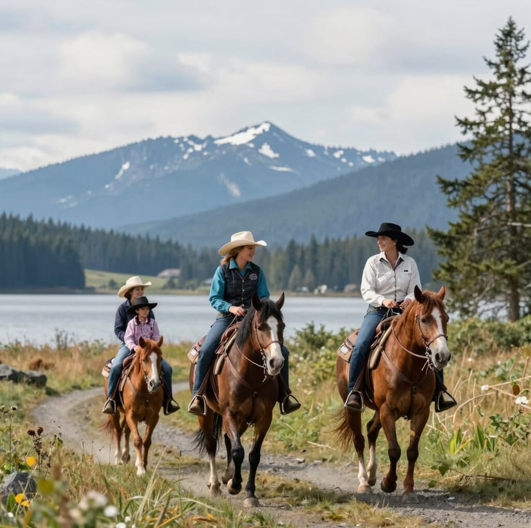 A scenic trail winding through the farm with riders enjoying a peaceful horseback ride