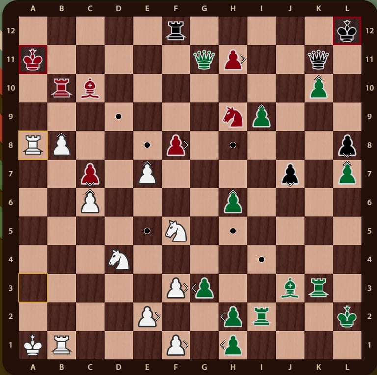 Problema Quaternity en un tablero de 12x12 con 144 casillas y 4 ejercitos de colores. Mueven verdes.