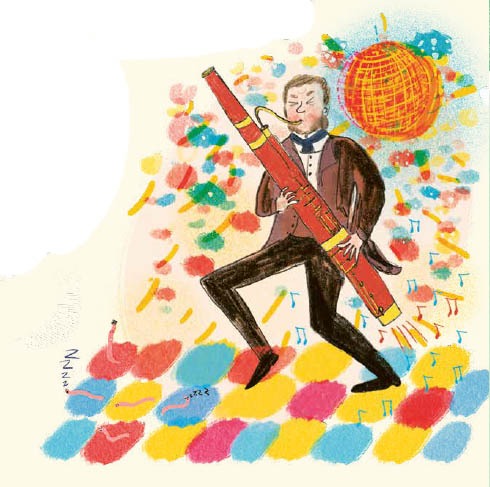 Charles Darwin playing the bassoon to worms. Colourful disco scene.