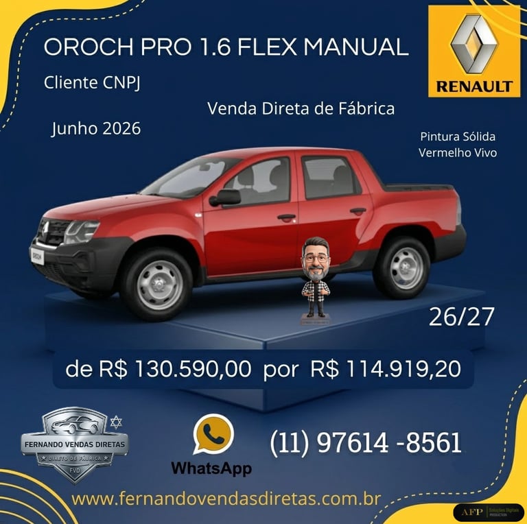 Red Renault Oroch Pro 1.6 Flex pickup truck for sale with CNPJ direct factory discount pricing.