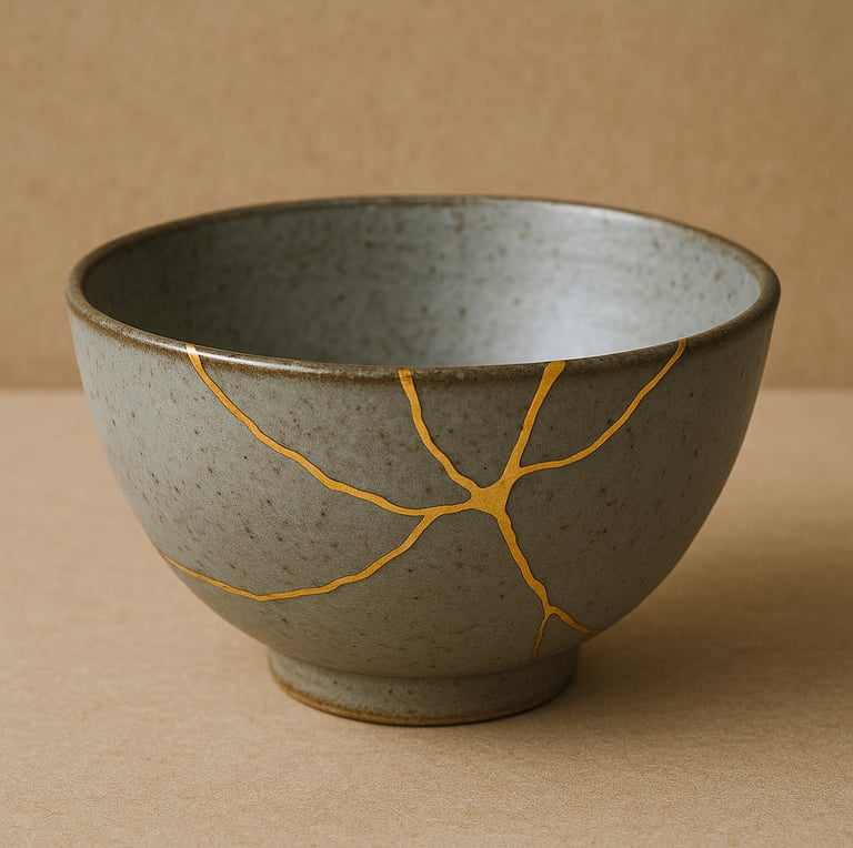 Kintsugi, a Japanese art of repairing broken pottery with gold symbolizing healing and resilience.