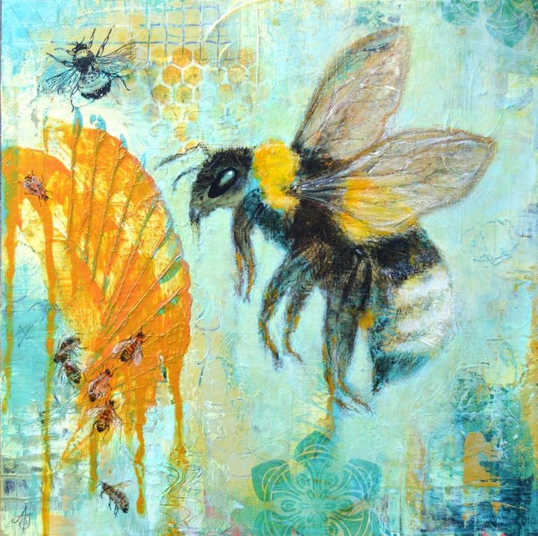 Mixed media bumblebee painting with honeybees and golden honeycomb on a textured teal background.