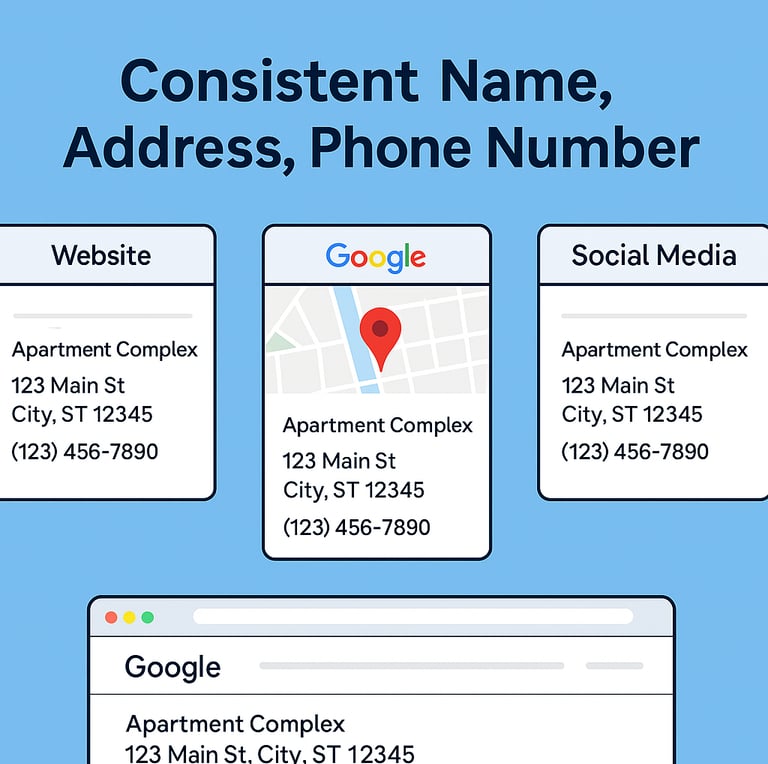 Infographic showing consistent Name, Address, and Phone Number across website, Google Business Profile, and social media to i