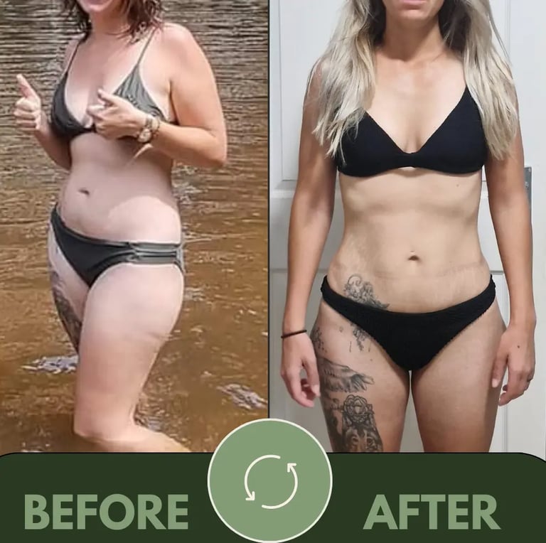 woman with before and after pictures of weight loss