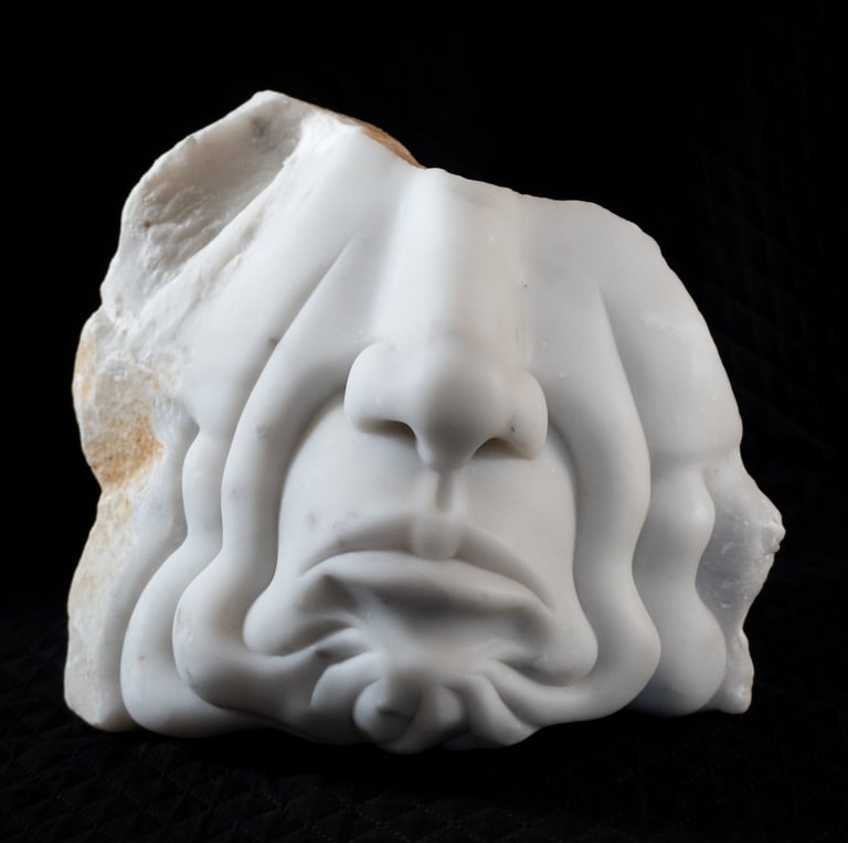 Surreal white marble sculpture of a melting human face with distorted features on a black background.