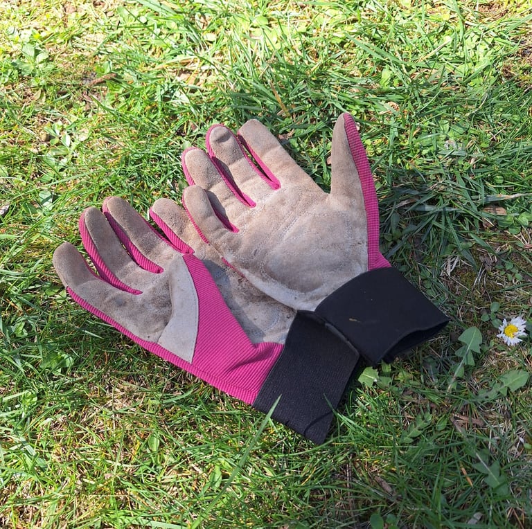 a pair of gloves for trimming hanging garden plants 