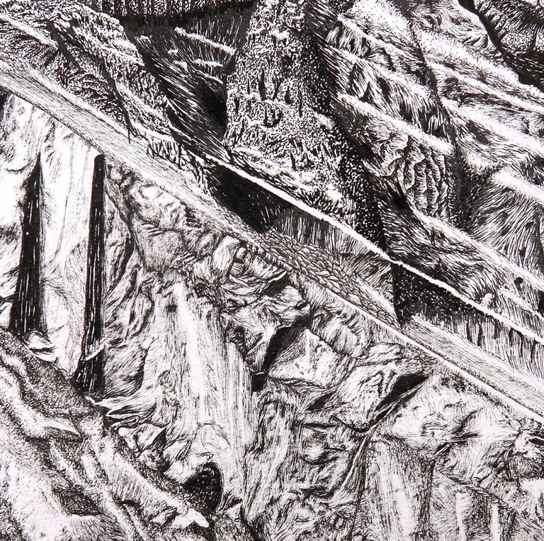 Cross-section of a mountain revealing textures of landforms