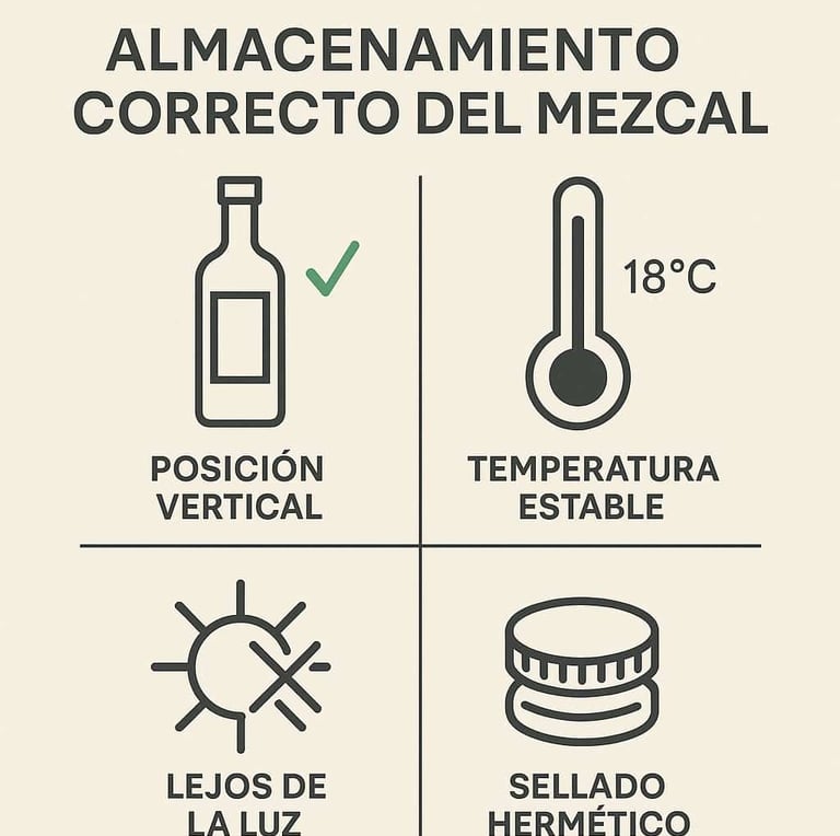 Infografía que muestra los 4 pasos para almacenar mezcal: 1. Botella vertical, 2. Icono de termómetr