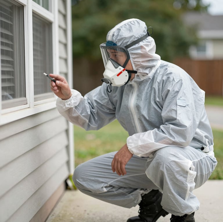 A friendly technician in green and blue uniform inspecting a home exterior for pests.