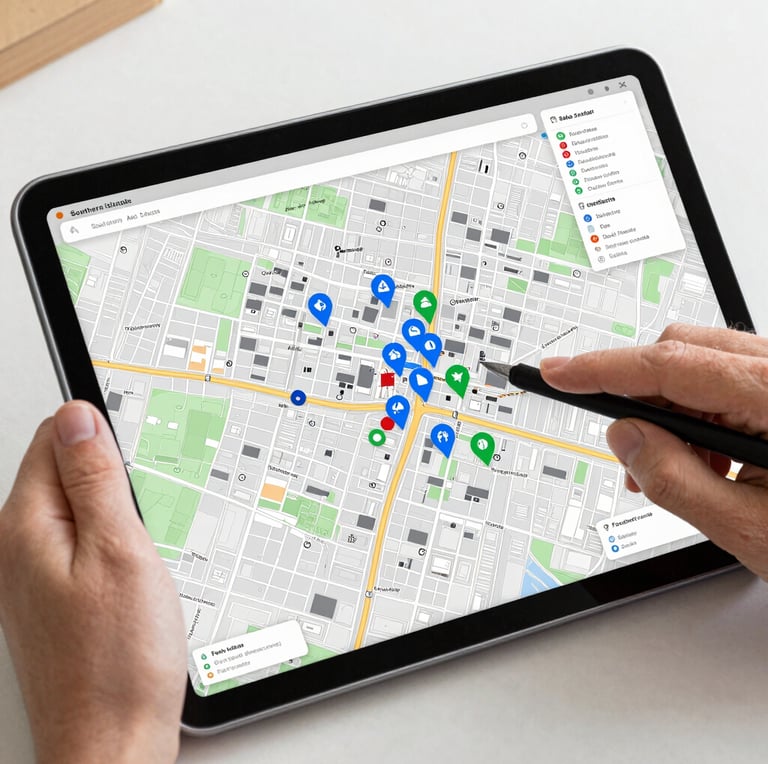 A friendly volunteer pointing at a digital map on a tablet, surrounded by community members.