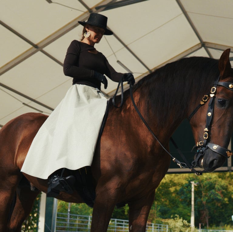 a woman in a black dress riding a horse
