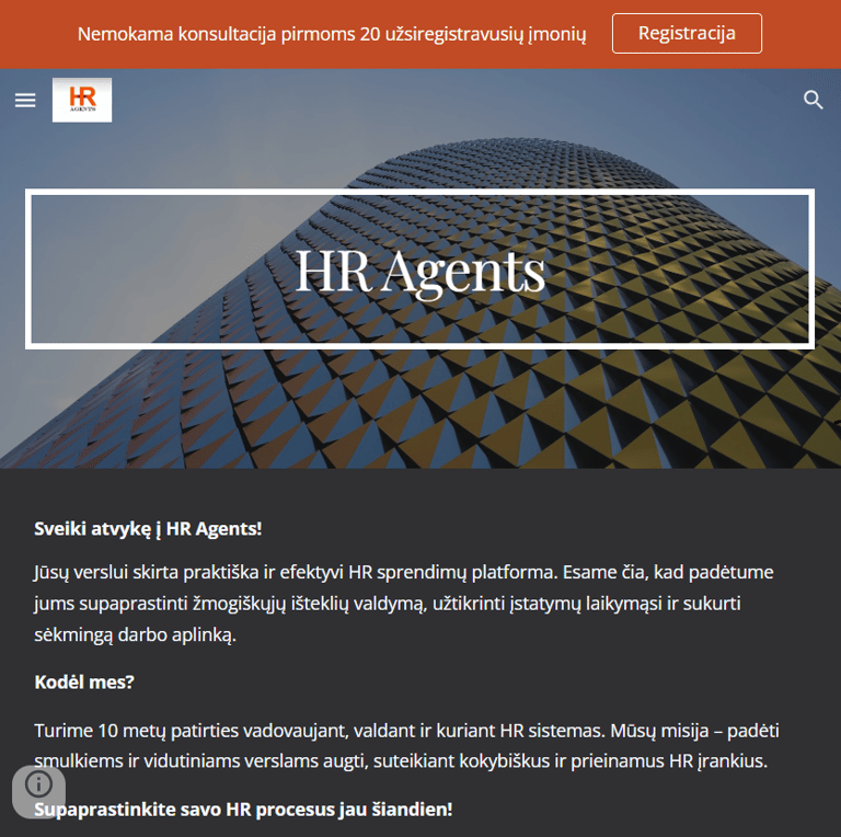 HR Agents svetainės pagrindinio puslapio planšetės versija: modernus dizainas ir navigacija.