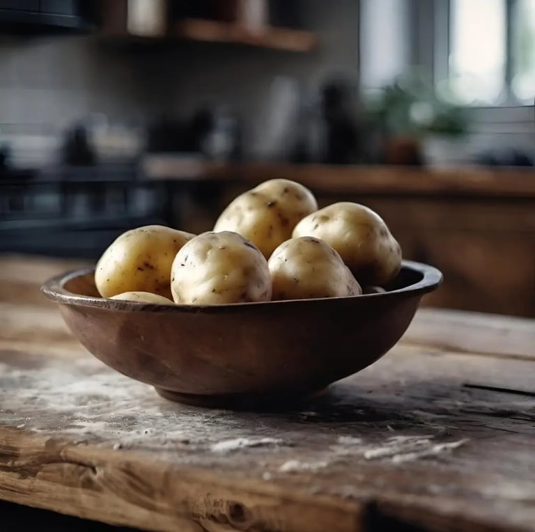Una fuente llena de patatas rústicas sobre una mesa de madera antigua y desgastada