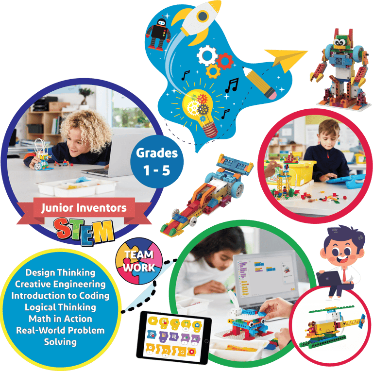 Junior Inventors (Gr 1-5) flyer: Kids building robots, teamwork, creative engineering.