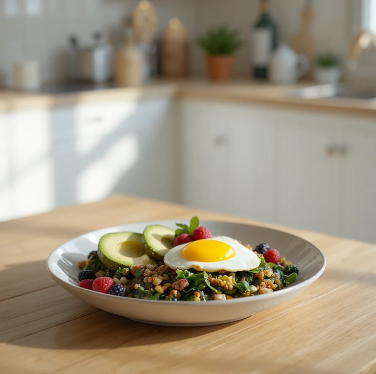 Desayuno bajo en carbohidratos con huevos, aguacate, verduras y frutos rojos